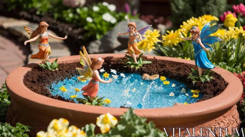 Enchanting Fairy Garden with Fairies in a Pond AI Image