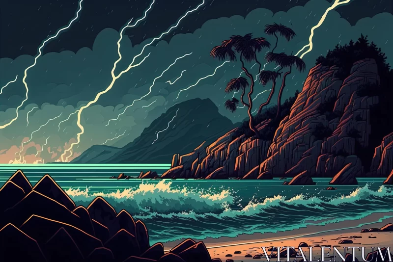 Energetic Water Scene Illustration with Lightning | Coastal and Tropical Landscapes AI Image