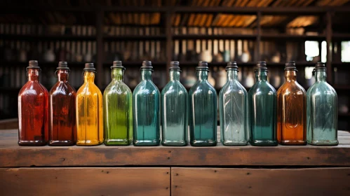 Enigmatic Antique Glass Bottles on Wooden Surface