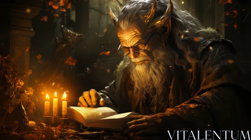 Enigmatic Wizard Reading a Book in Dim Light AI Image
