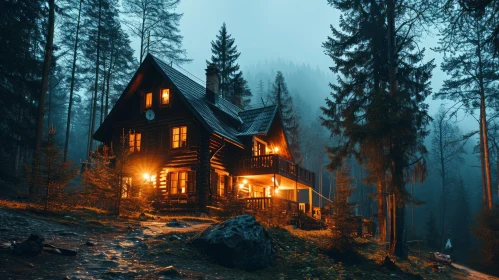 Enigmatic Wooden House in Mysterious Forest