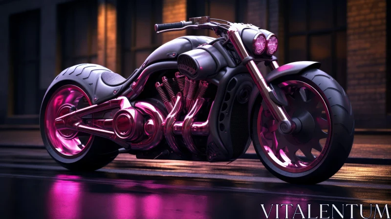 Futuristic Black and Pink Motorcycle in City at Night AI Image