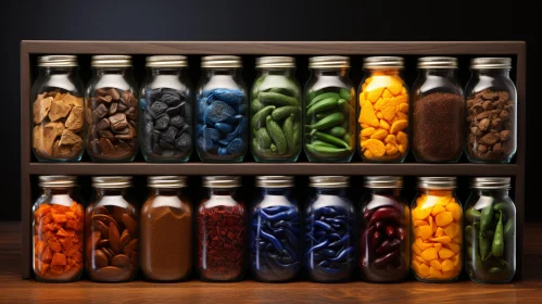 Glass Jars Filled with Various Food Items on Wooden Shelf