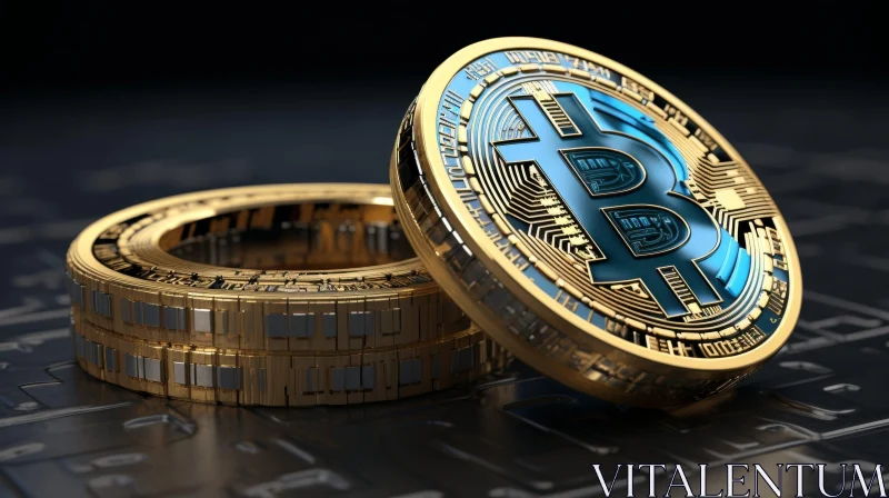 AI ART Gold and Blue Bitcoin 3D Rendering