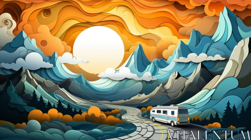 Mountain Landscape Illustration with Sun and Van AI Image