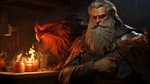 Mystical Painting of a Man with Red Eagle