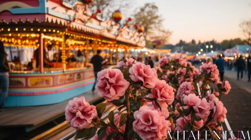 Night Fair Scene with Pink Roses and Carnival Carts AI Image
