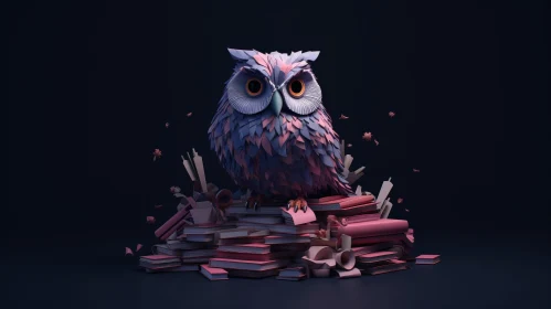 Purple Owl 3D Illustration on Books