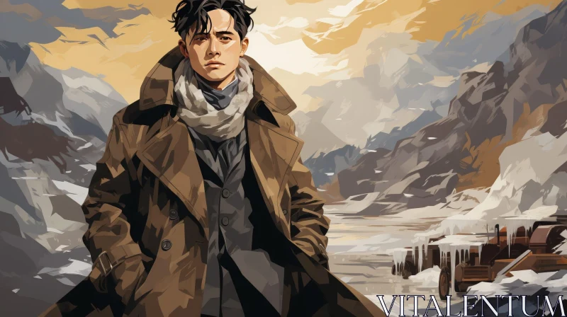 Serious Young Man in Snowy Mountain Landscape AI Image