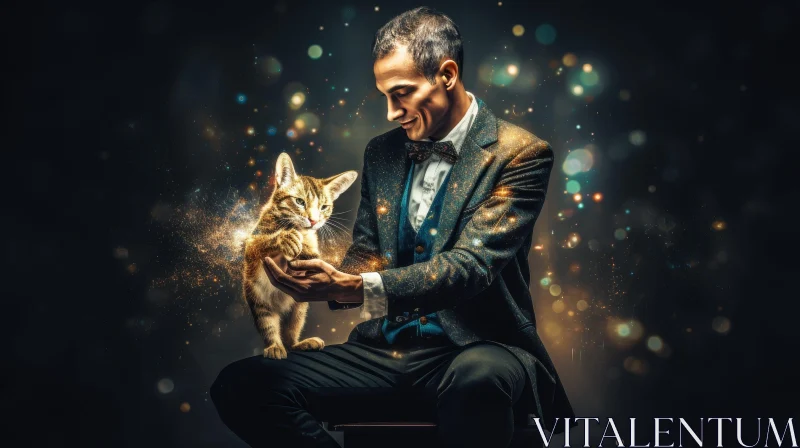 Smiling Man with Cat and Sparkles on Black Background AI Image