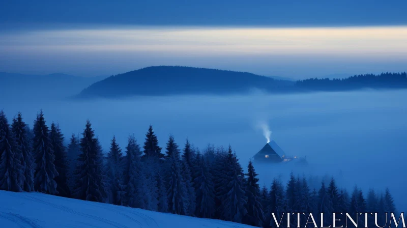 AI ART Snow-Covered Mountain House: A Serene Winter Landscape