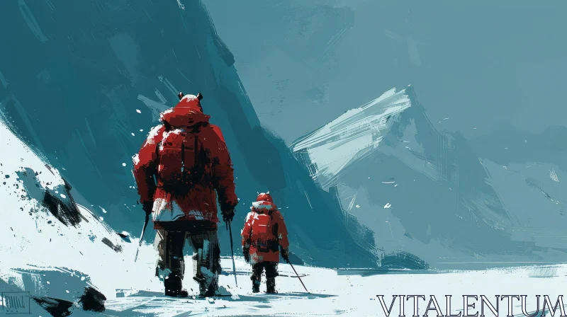 Snowy Mountain Hike - Realistic Painting AI Image