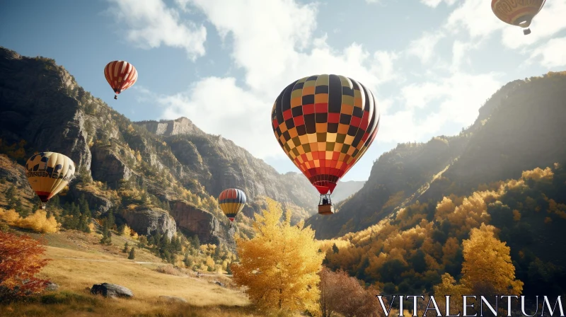 Spectacular Hot Air Balloons Soaring over Snowy Mountain Valley AI Image