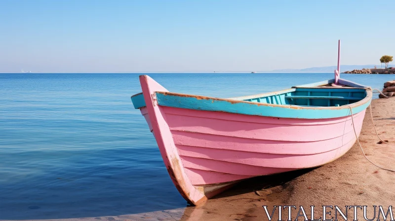 Tranquil Scene: Pink and Blue Wooden Boat on Calm Sea AI Image