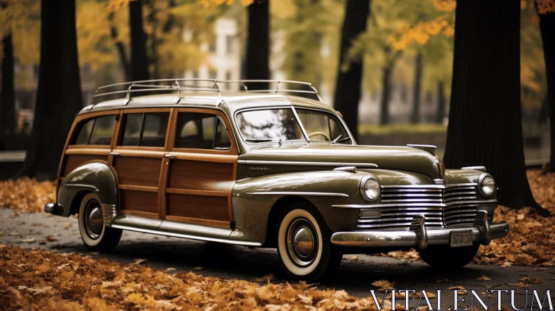 Vintage Car in Autumn | Iconic Design | Wood Grains | Elaborate Detailing AI Image