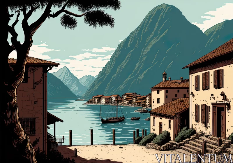 Vintage Comic Style Lakefront View in a Charming Mountain Town | Italian Landscapes AI Image