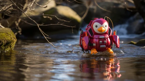 Adventurous Toy Penguin in Stream - A Hikecore Dinopunk Imagery