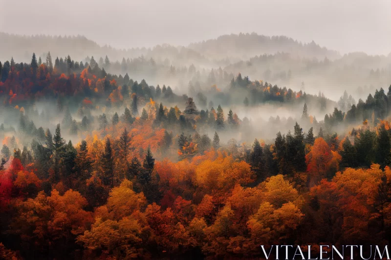 Captivating Autumn Forest: Vibrant Trees in Mystical Fog AI Image