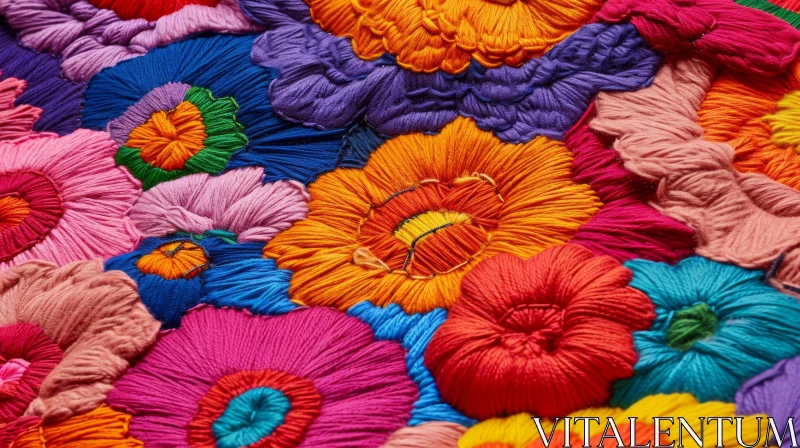 Colorful Hand-Embroidered Flower Fabric Close-Up AI Image