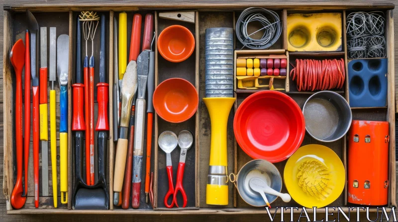 Colorful Objects in a Wooden Drawer | Neatly Arranged Composition AI Image