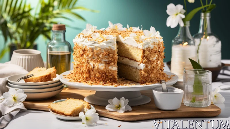 Delicious Coconut Cake with White Frosting and Flowers AI Image