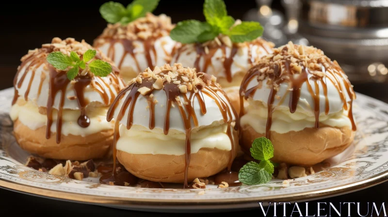 Delicious Cream Puffs with Vanilla Cream and Chocolate Ganache AI Image