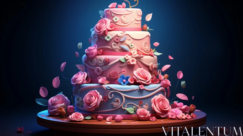 Elegant Pink and Blue Wedding Cake with Floral Decor AI Image