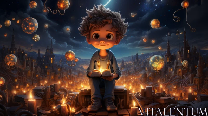 Enchanting Fantasy Illustration of Boy Reading in Magical City AI Image