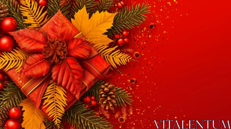 Festive Red Gift Box with Autumn Decorations AI Image