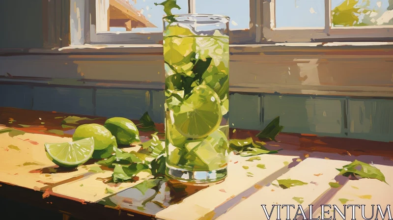 Glass of Water with Lime and Mint - Still Life Composition AI Image