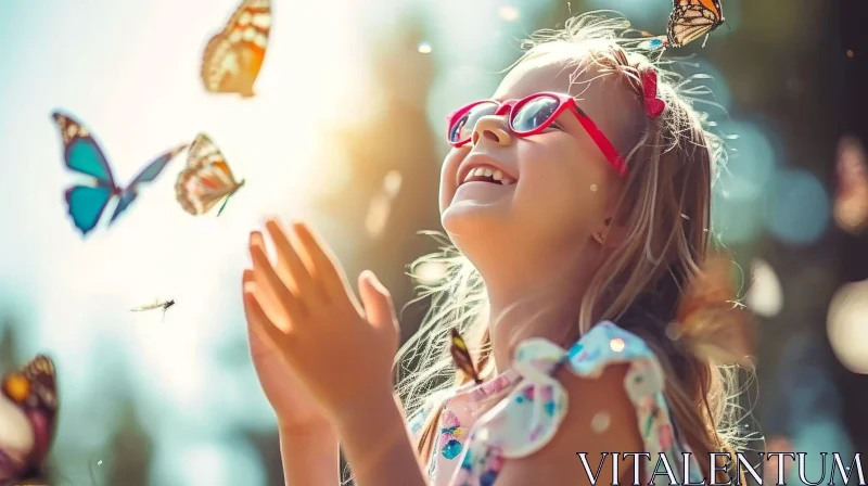 Joyful Girl with Butterflies in Field AI Image