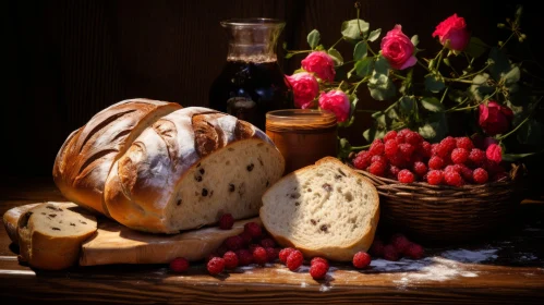 Lush Baroque Inspired Still Life with Bread and Raspberries