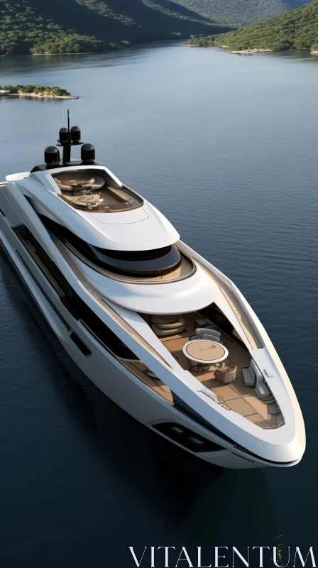 AI ART Luxury Yacht Anchored in Calm Sea with Mountainous Coastline