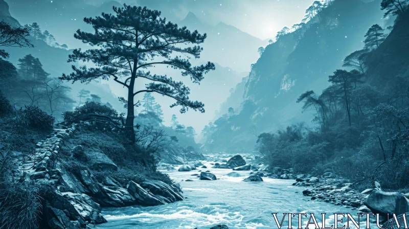 Serene Mountain River Landscape | Peaceful Nature Scene AI Image