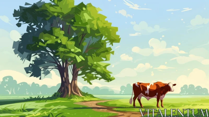 Serene Rural Landscape Illustration with Tree and Cow AI Image