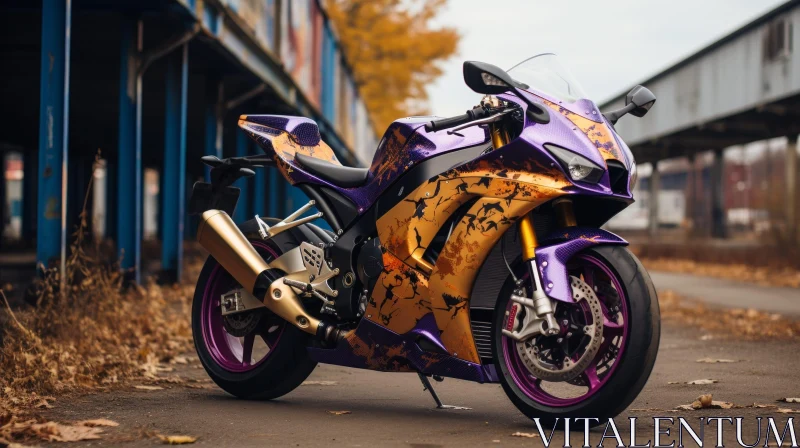 AI ART Sleek Purple & Gold Sport Motorcycle in City Setting
