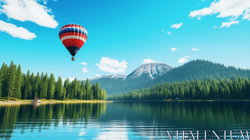 Tranquil Mountain Lake Landscape with Hot Air Balloon AI Image