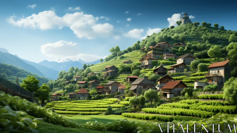 Tranquil Mountain Village Landscape AI Image