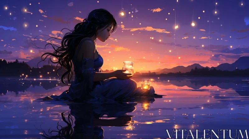 Tranquil Sunset Lakeside Scene with Woman and Fireflies AI Image