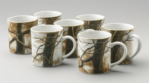 White Porcelain Coffee Cups with Tree Branch Pattern on Gray Background