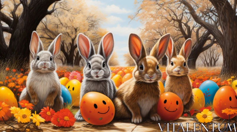 Captivating Easter Scene with Rabbits and Colorful Eggs AI Image