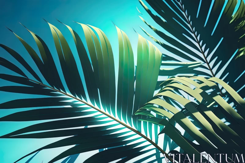 Captivating Palm Tree Leaves on Blue Background | Mid-century Illustration AI Image
