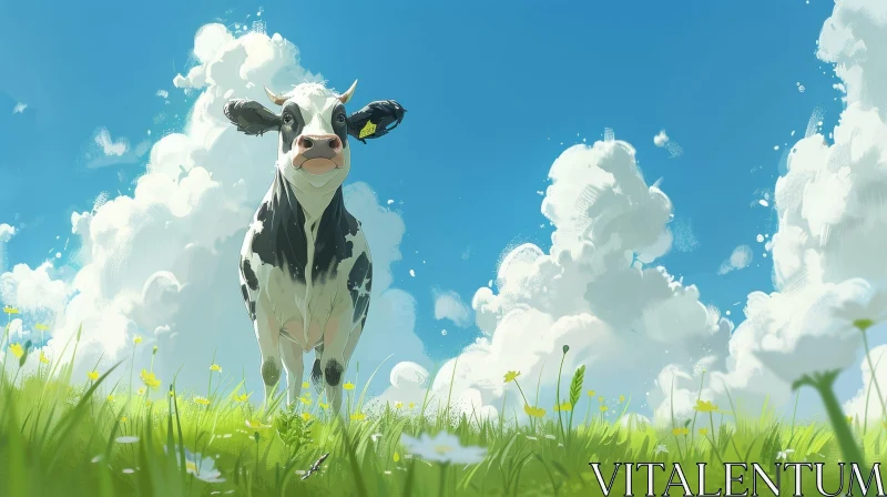 AI ART Cow in Green Field - Serene Nature Scene