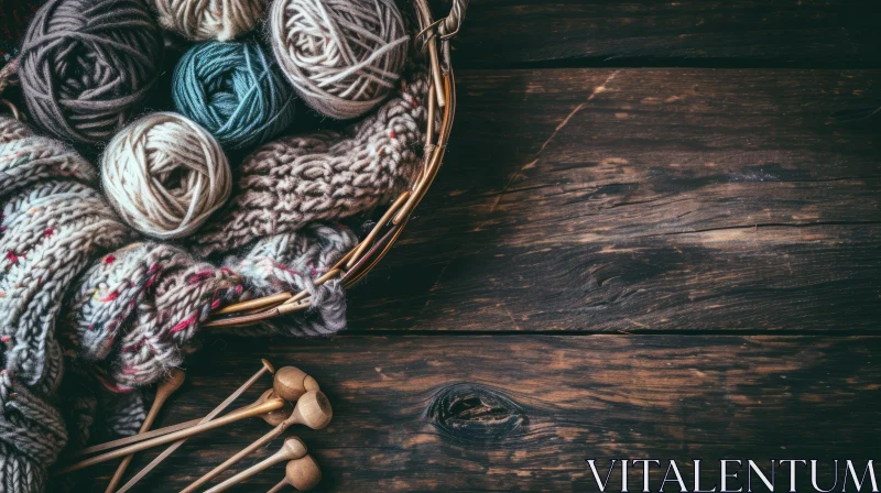 Cozy Crafts: Colorful Yarn Basket and Knitting Needles on Rustic Wooden Table AI Image