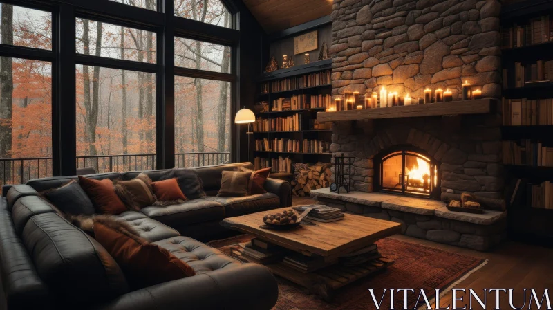 AI ART Cozy Living Room with Stone Fireplace and Art