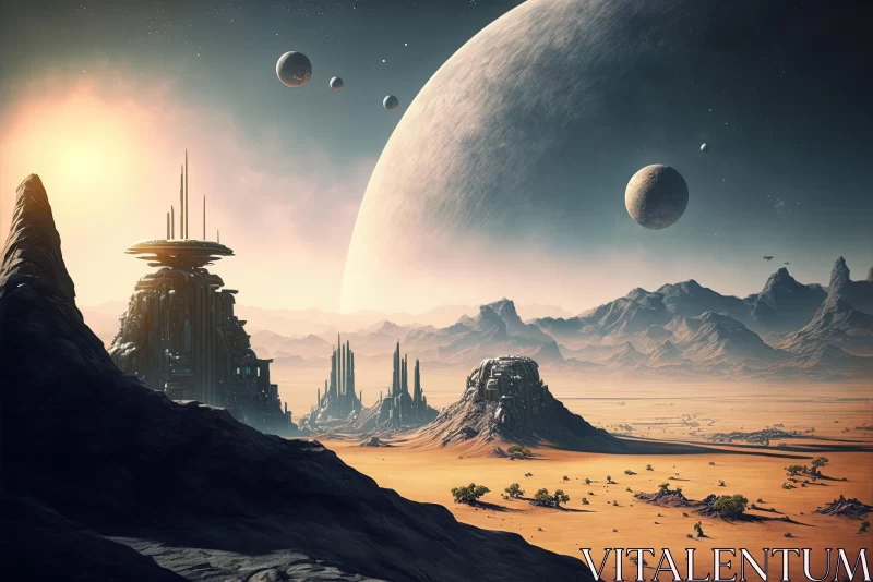 Futuristic Landscape with Planets and Castles in 8k Resolution AI Image