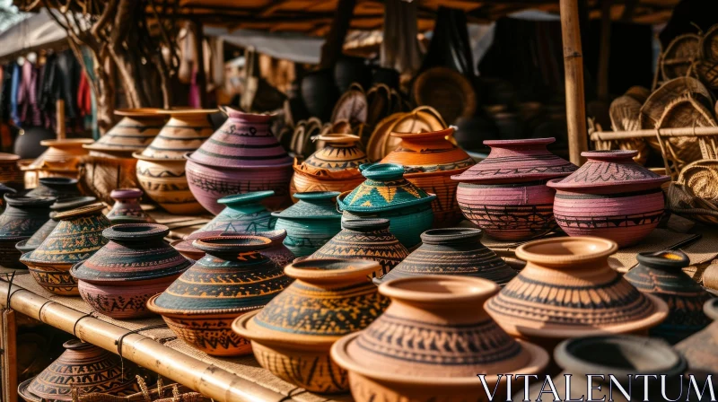 Handmade Clay Pots and Bowls on Wooden Shelf | Intricate Geometric Patterns AI Image