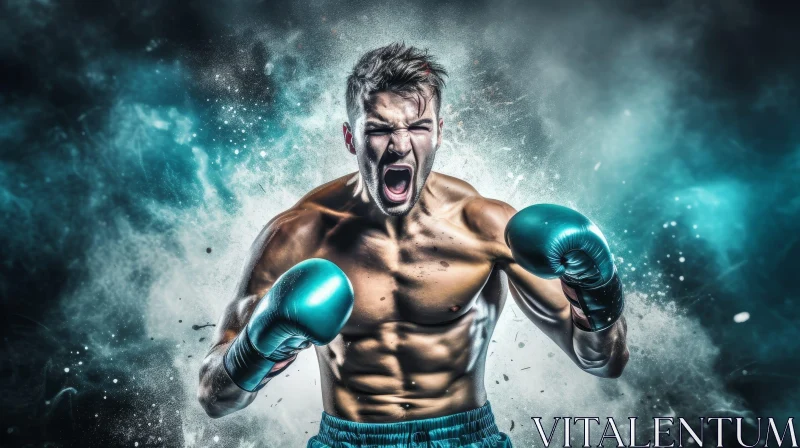 AI ART Intense Moment: Young Male Boxer in Blue Gloves