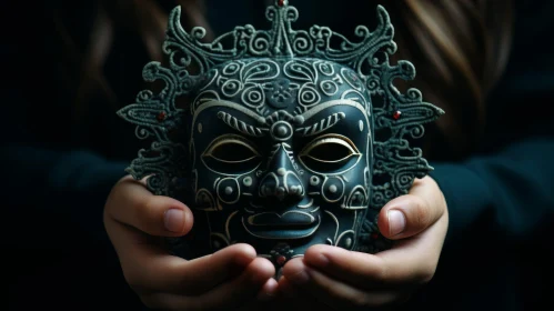 Intricate Black Mask Held by Person | Dark Background