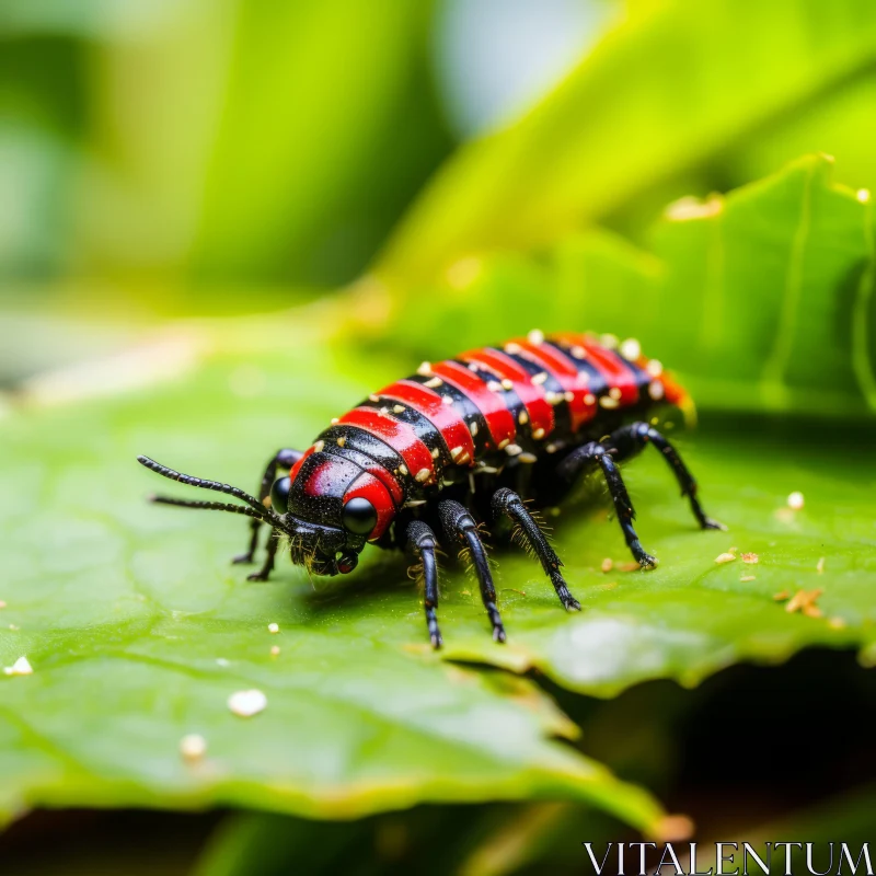 Intriguing Red and Black Caterpillar on Green Leaves - A Vietnamese Junglecore Perspective AI Image